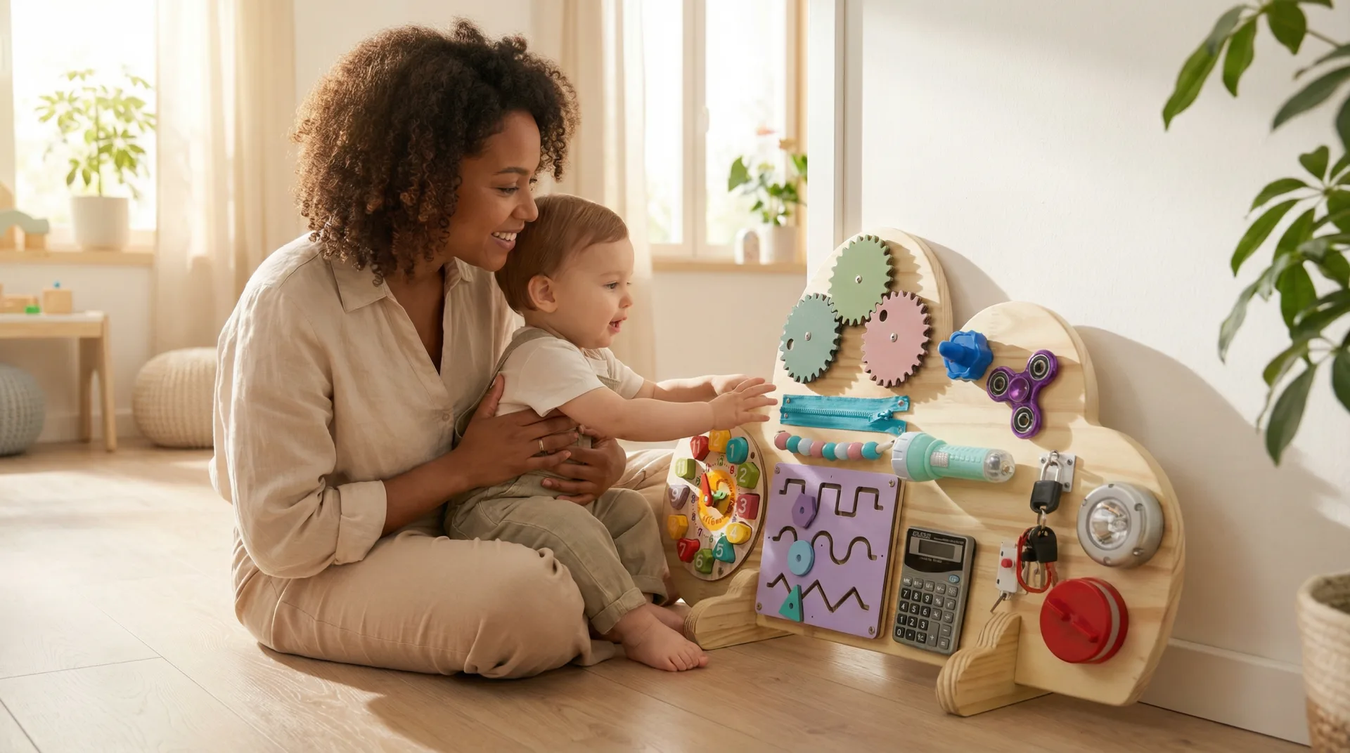 Mãe com bebê explorando painel sensorial Montessori