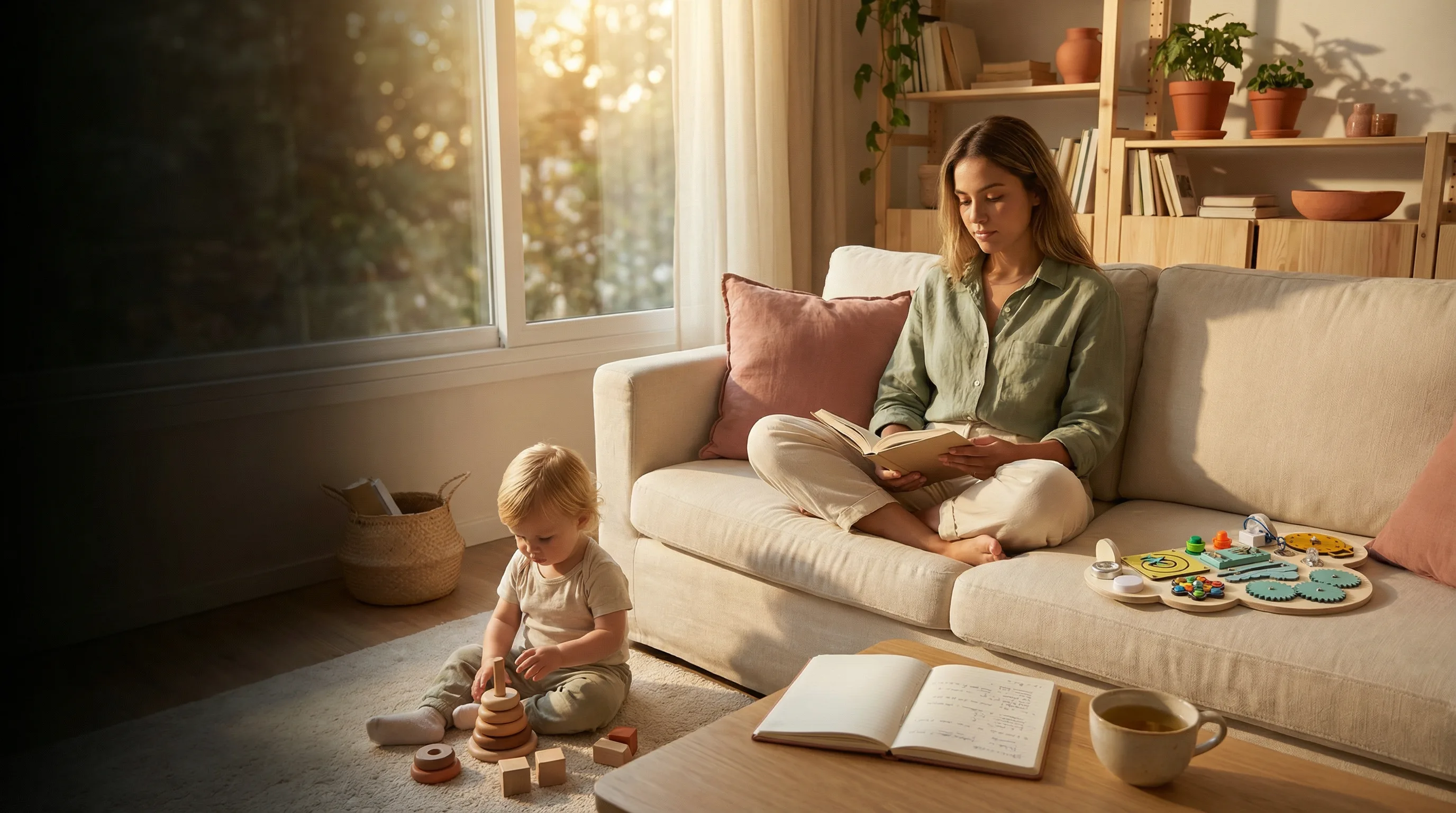 Mãe lendo sobre desenvolvimento infantil e painéis sensoriais Montessori