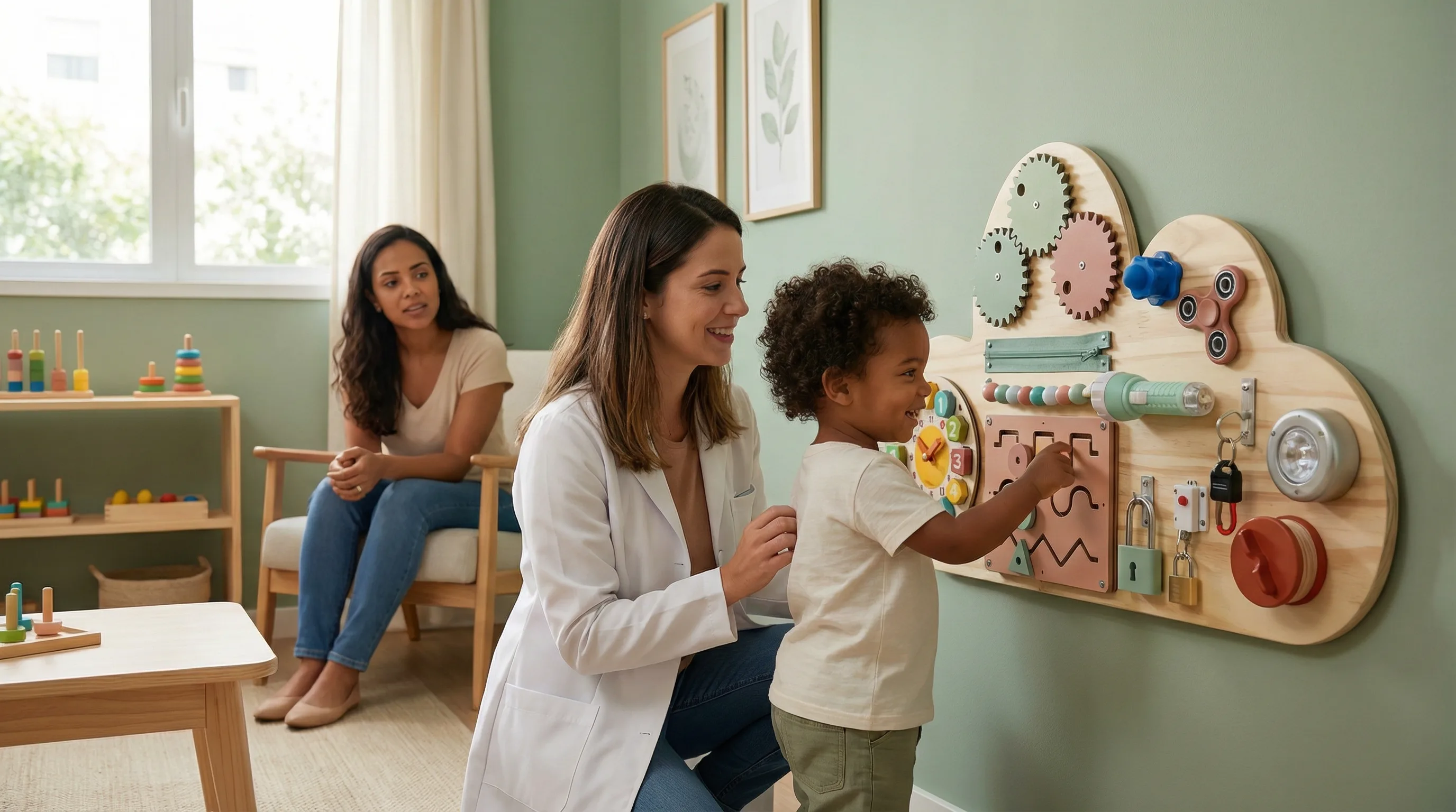 Consultorio pediatrico com painel sensorial Montessori na parede para estimulacao terapeutica de criancas