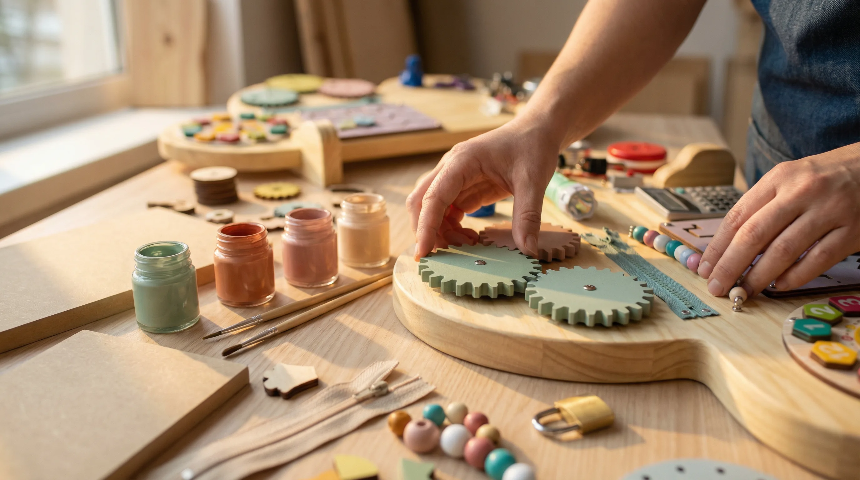 Processo artesanal de criacao de paineis sensoriais Montessori com ferramentas e materiais naturais