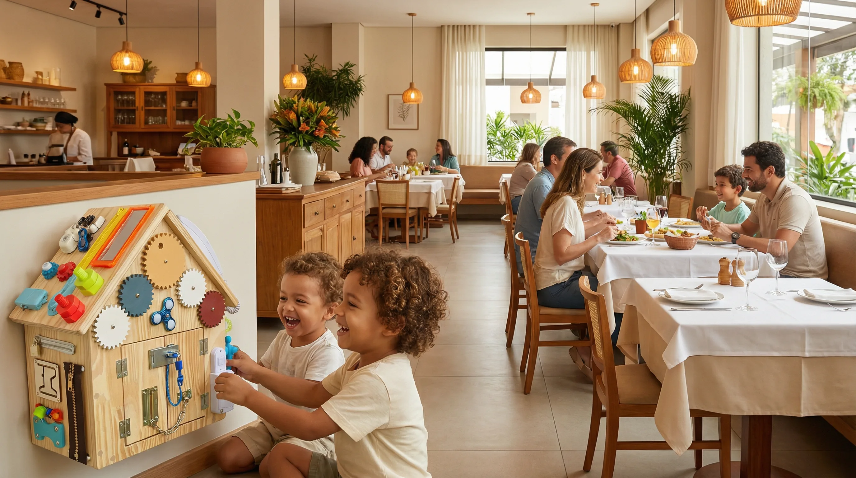 Espaco kids de restaurante com paineis sensoriais na parede e criancas brincando enquanto pais jantam