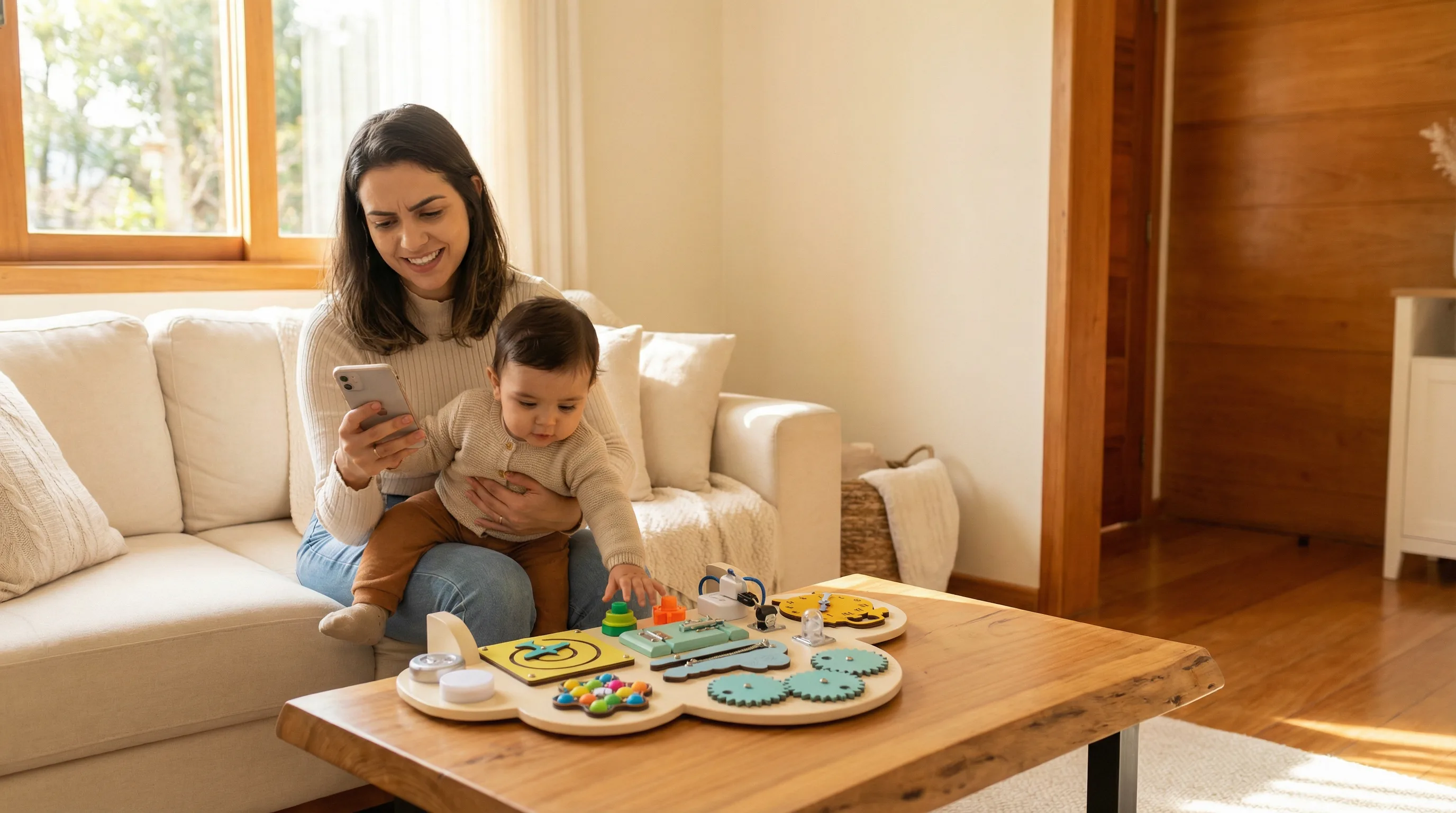 Mãe com bebê consultando dúvidas sobre painéis sensoriais