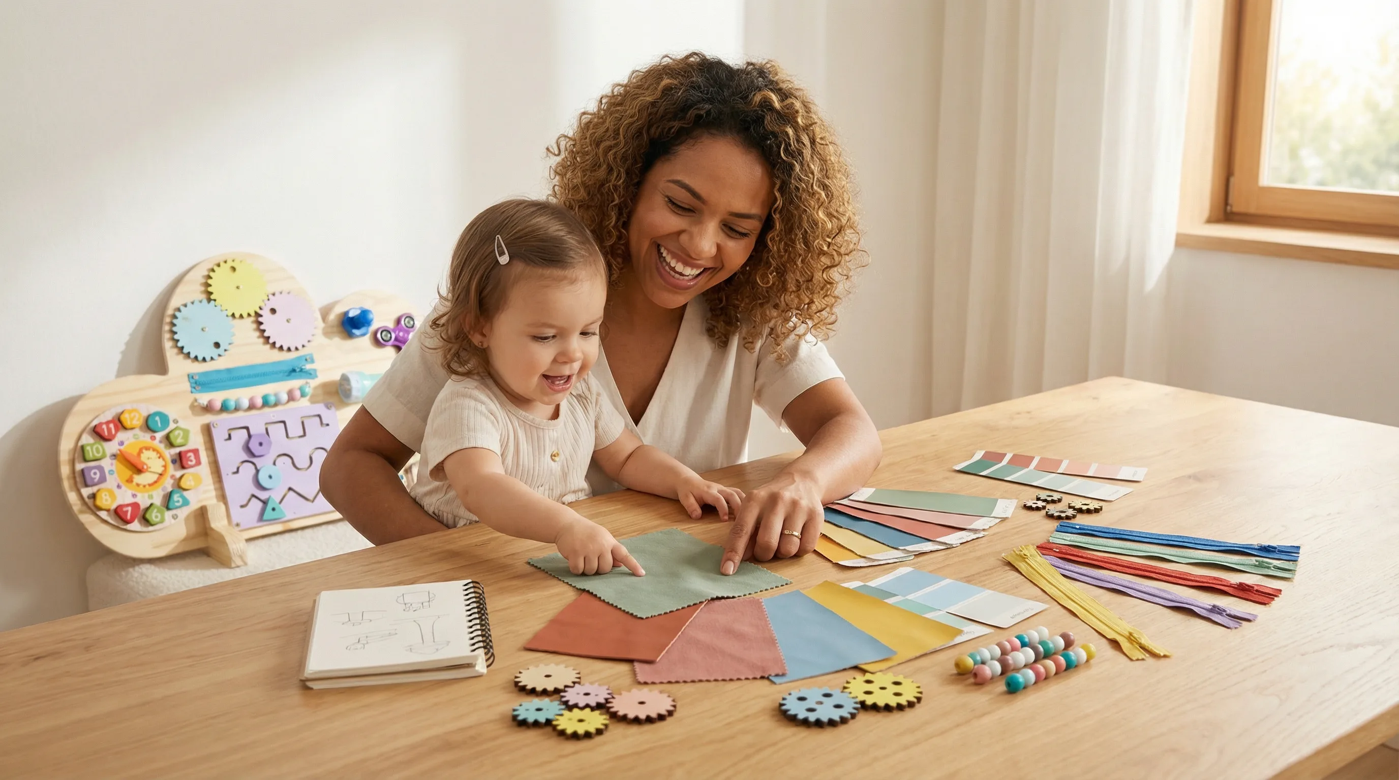 Mae e crianca personalizando painel sensorial escolhendo cores e atividades sob medida