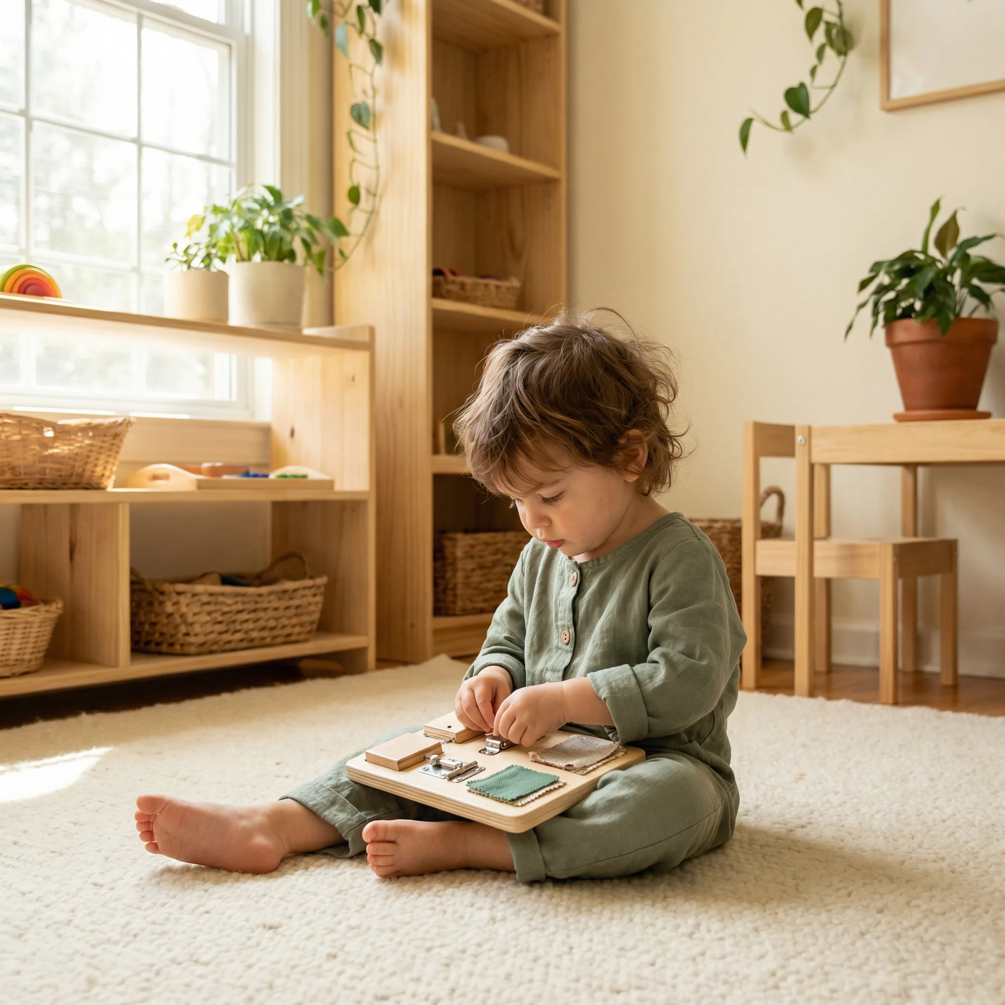 Crianca brincando com autonomia e concentracao em painel sensorial Montessori