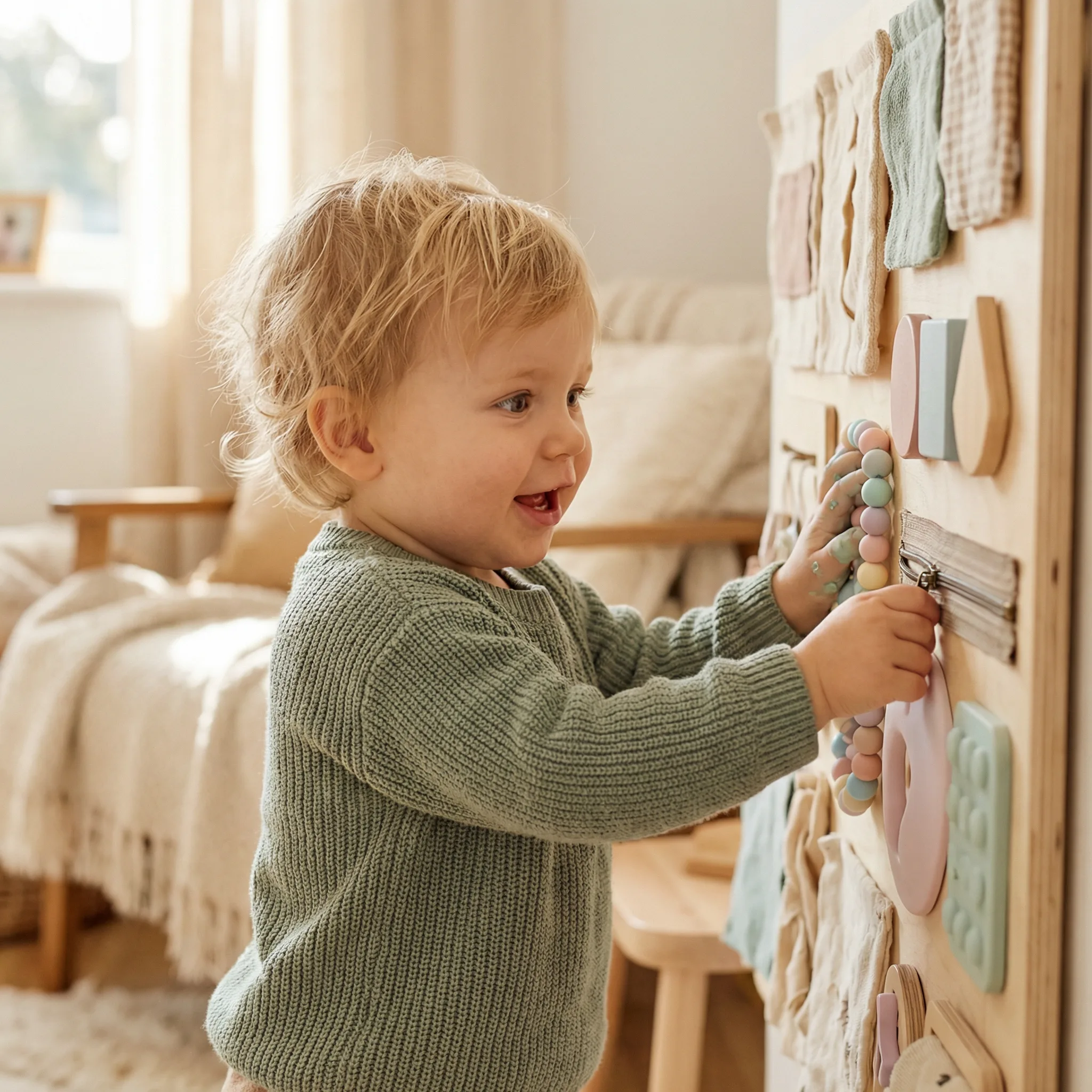 Bebe explorando diferentes texturas e materiais tateis em painel sensorial Montessori para estimulacao sensorial