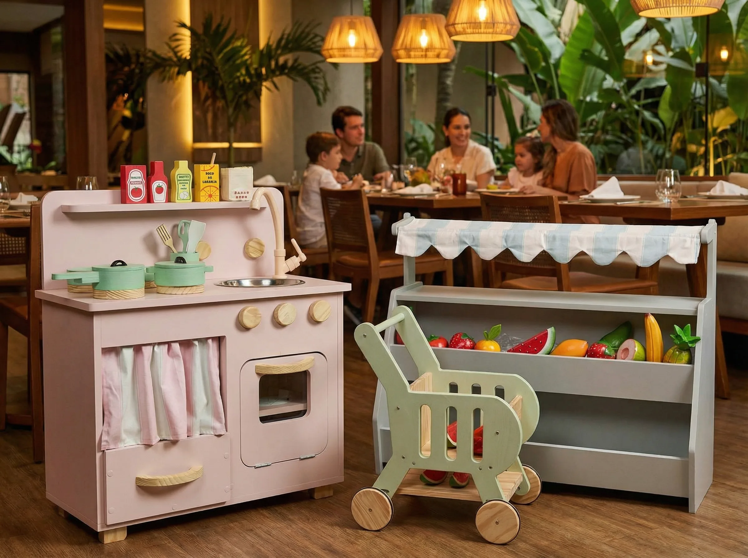 Cozinha e Mercadinho Infantil JK Sensorial em espaço kids de restaurante
