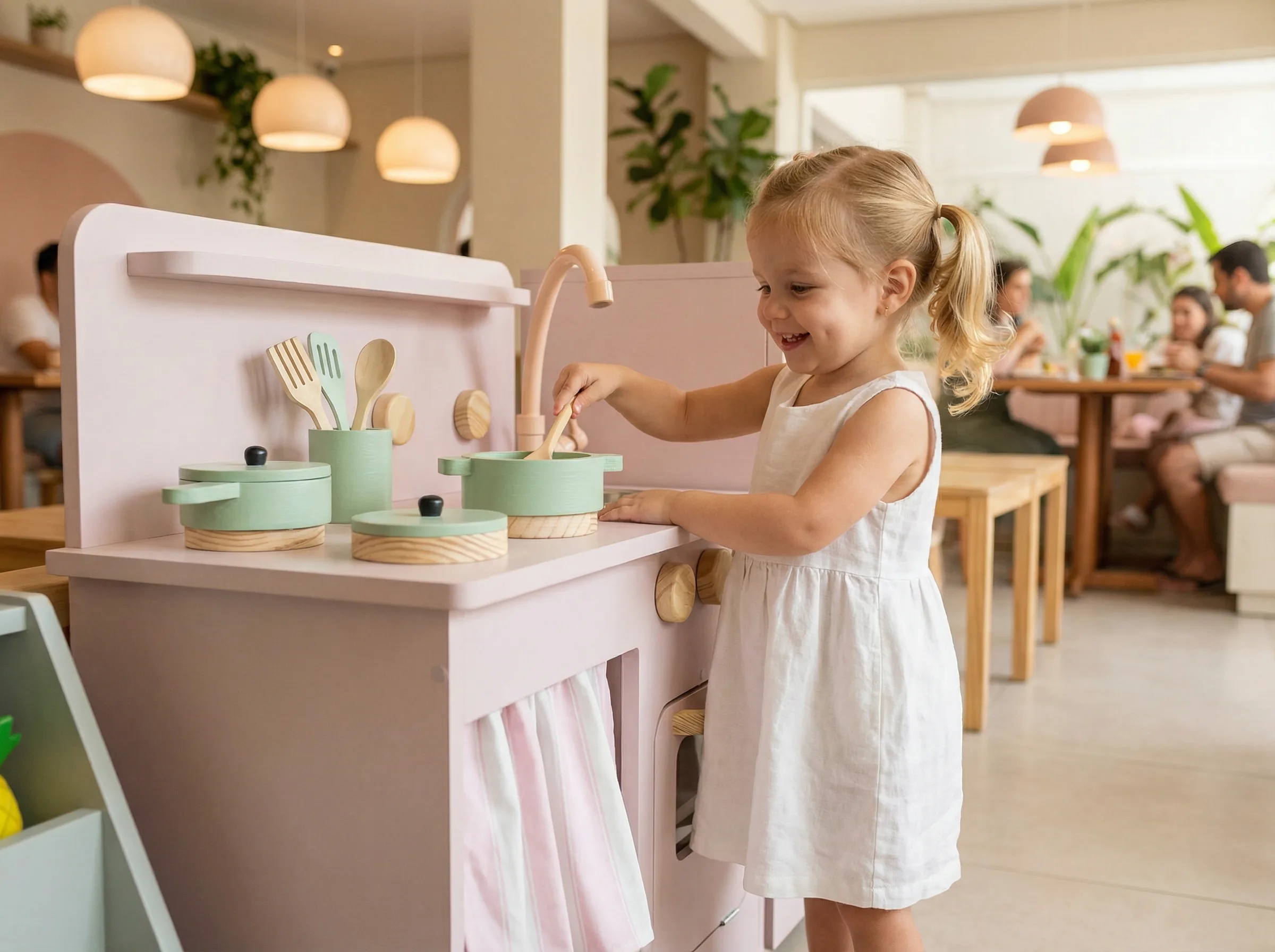 Menina brincando na Cozinha JK em restaurante