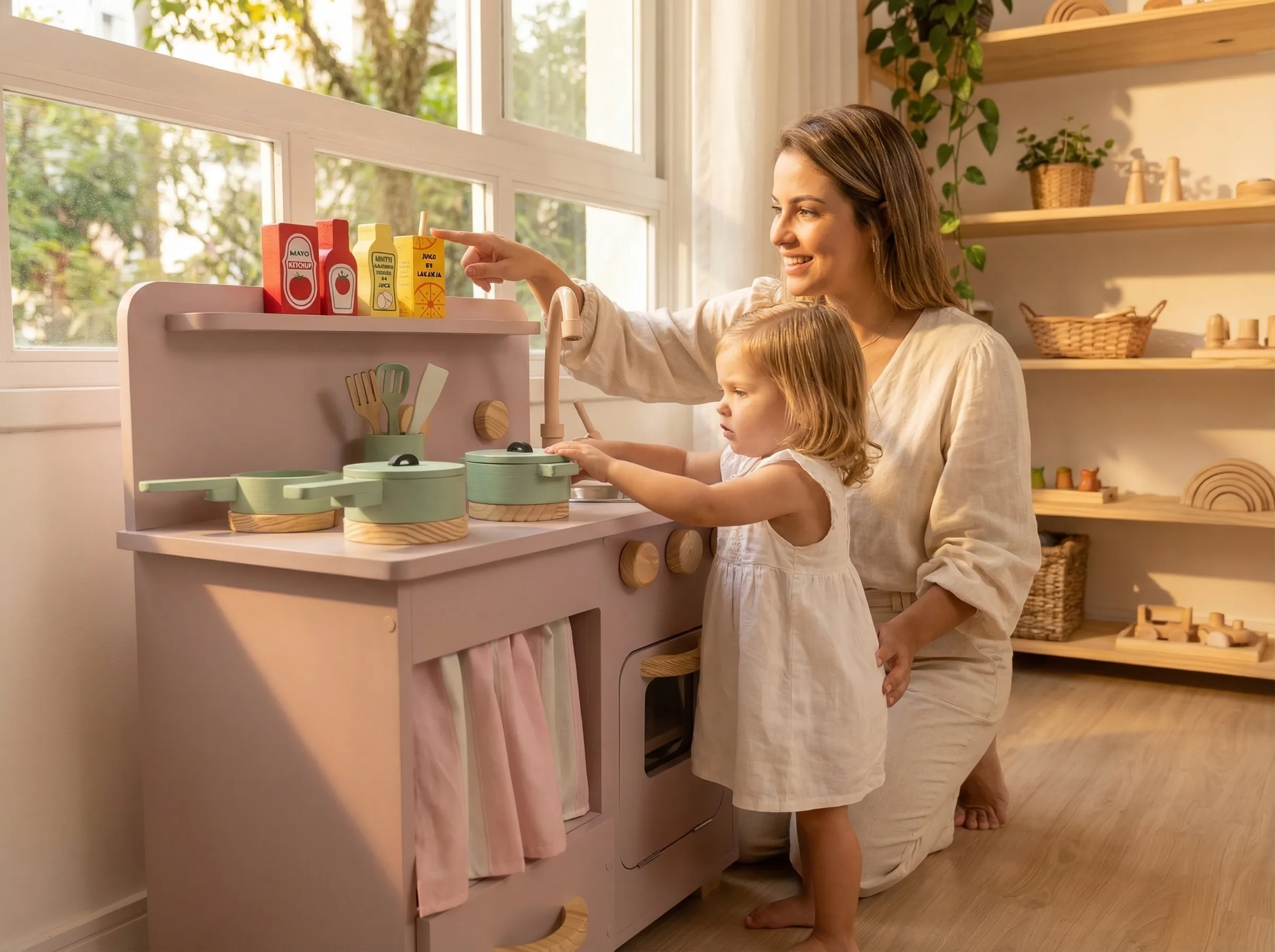 Mãe e filha brincando juntas na Cozinha JK