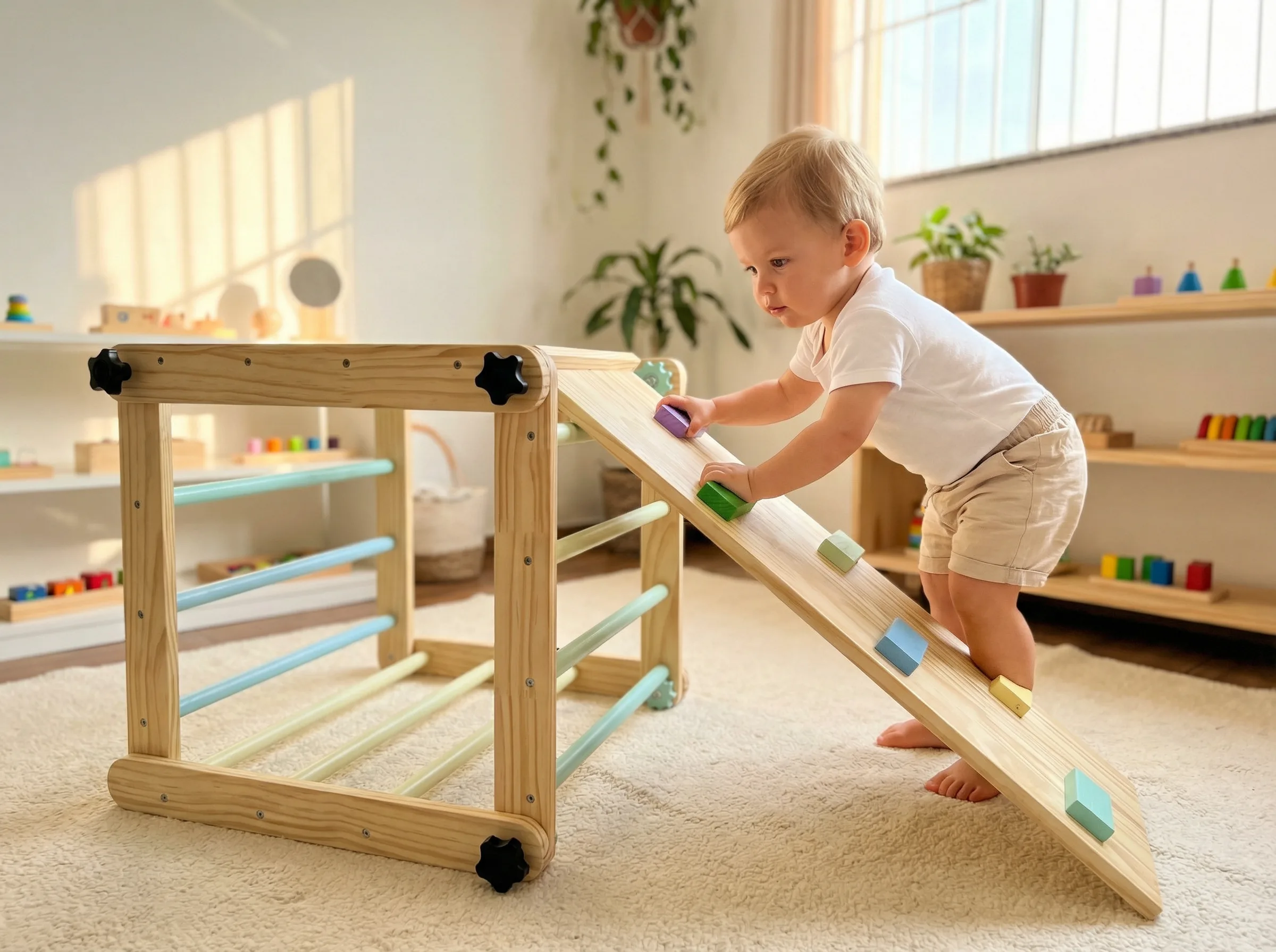 Bebê escalando triângulo Pikler com rampa escorregador