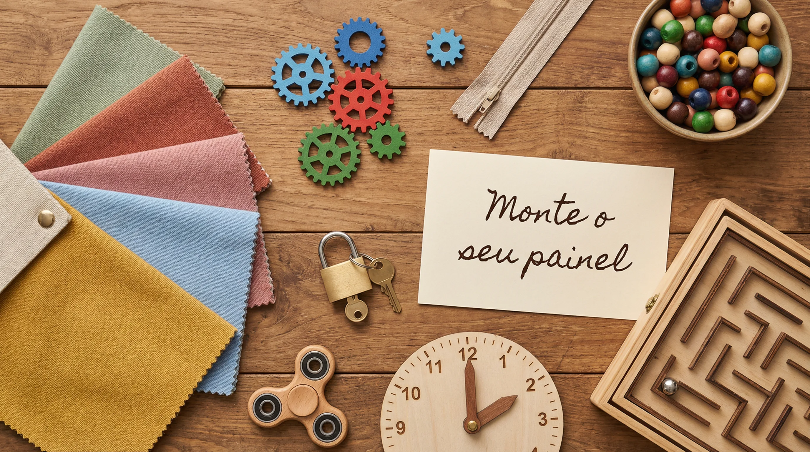 Diversas opcoes de personalizacao de paineis sensoriais JK Sensorial com cores atividades e tamanhos sob medida