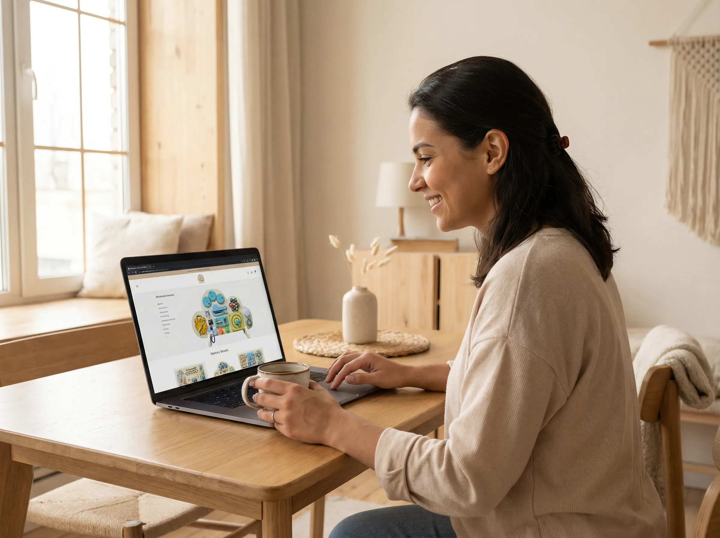 Casal escolhendo painel sensorial no notebook enquanto bebe brinca