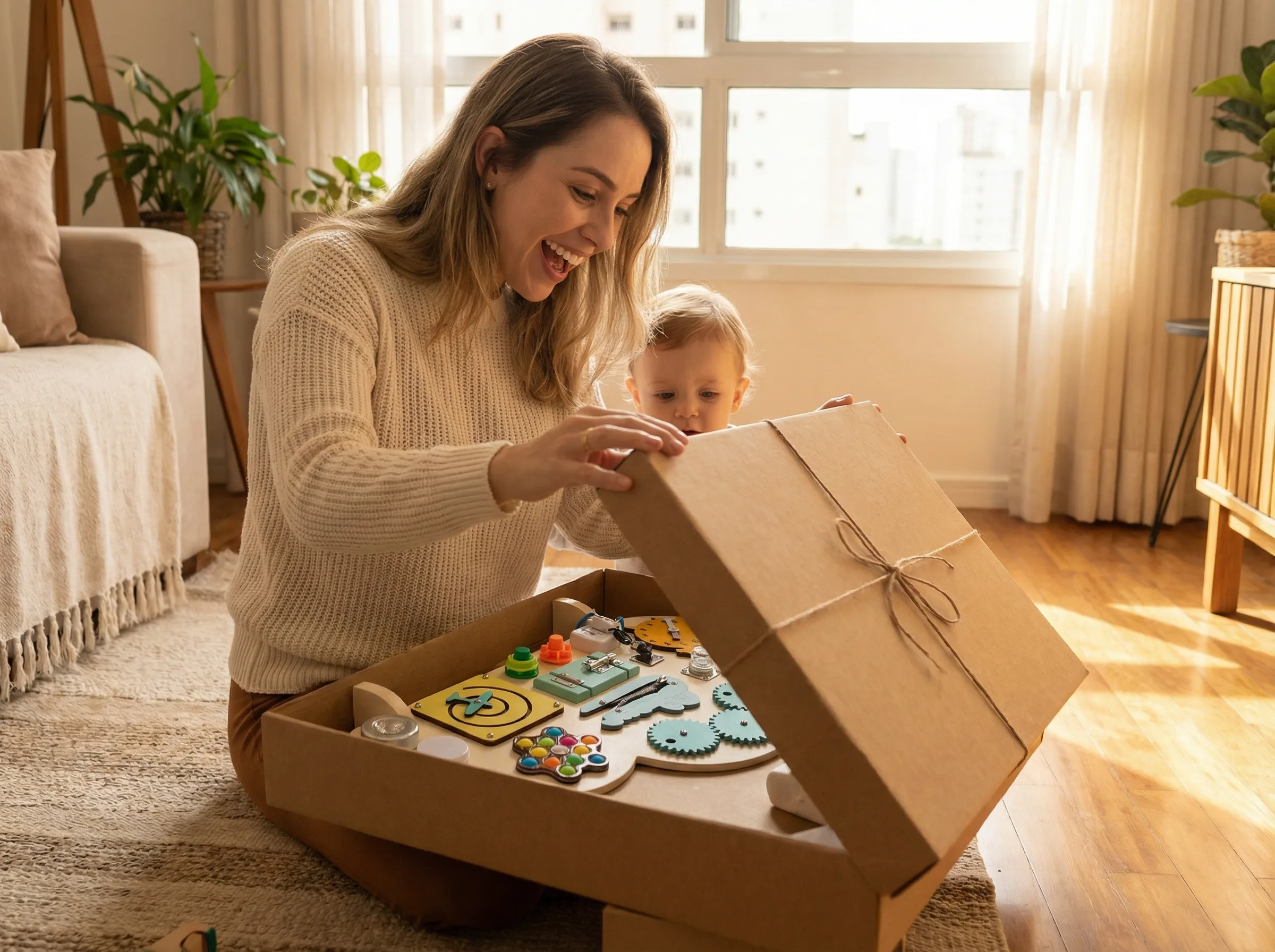 Familia feliz abrindo caixa com painel sensorial recem entregue
