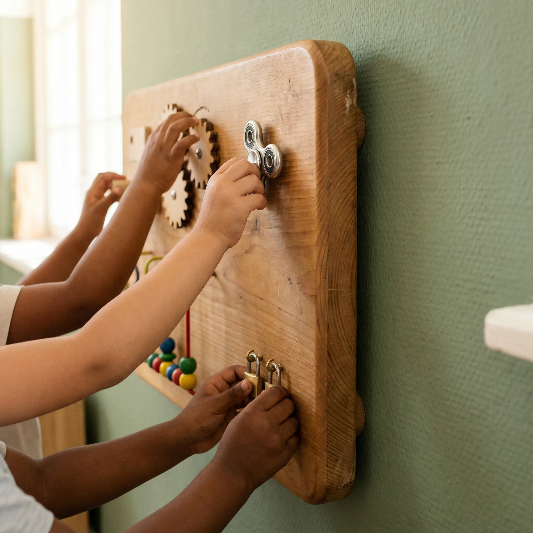 Painel sensorial resistente fixado em parede de escola apos uso intenso diario