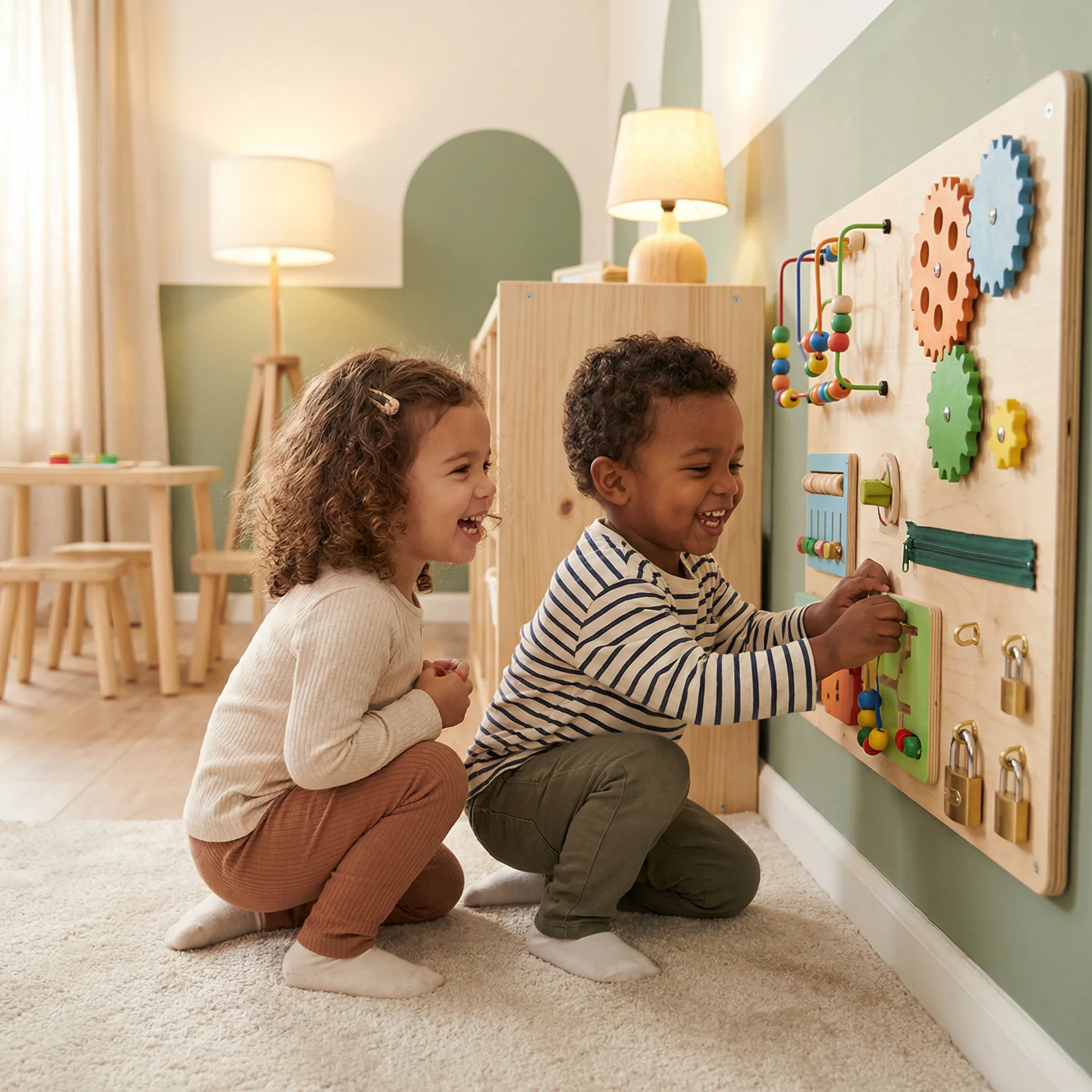 Criancas entretidas brincando com painel sensorial em espaco kids de restaurante