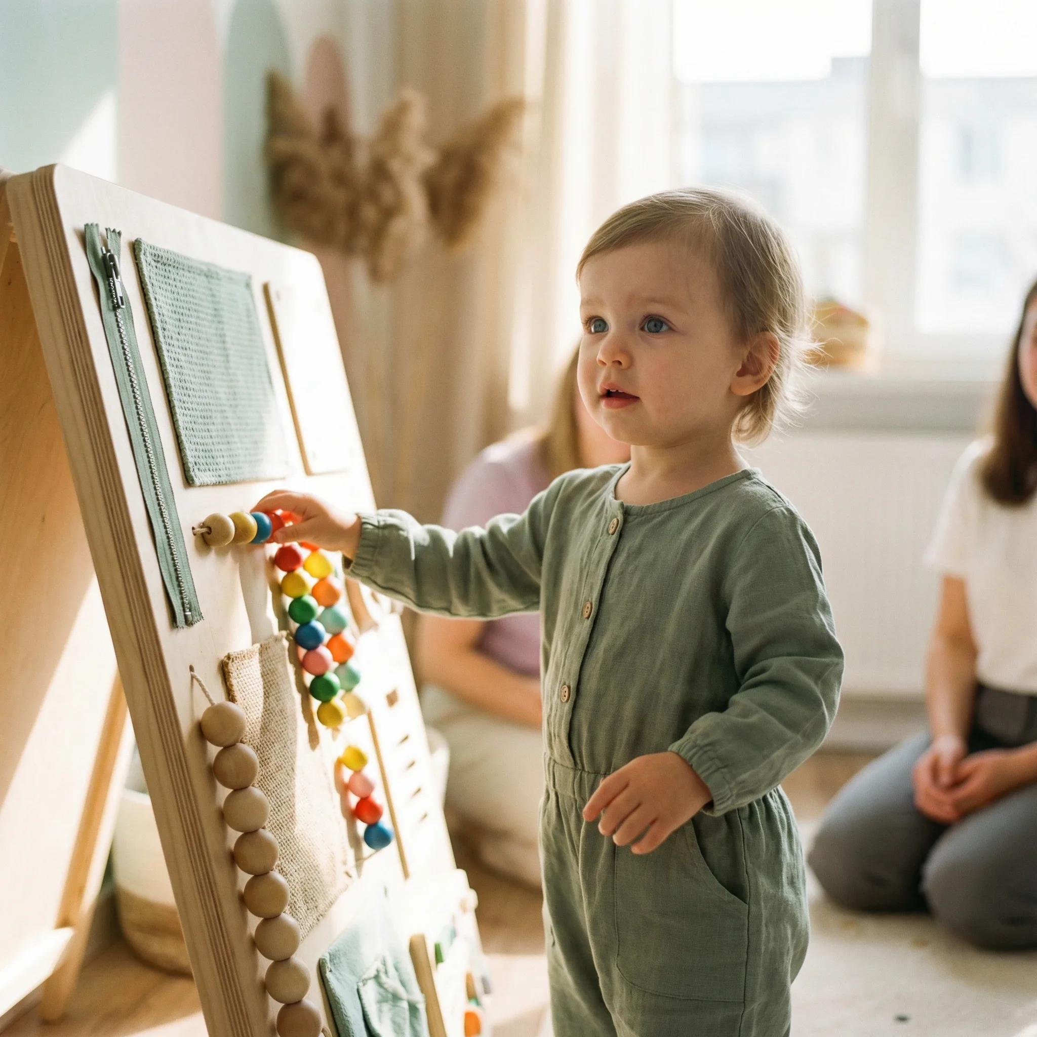 Maos de crianca explorando texturas e cores variadas em painel sensorial para estimulacao multissensorial