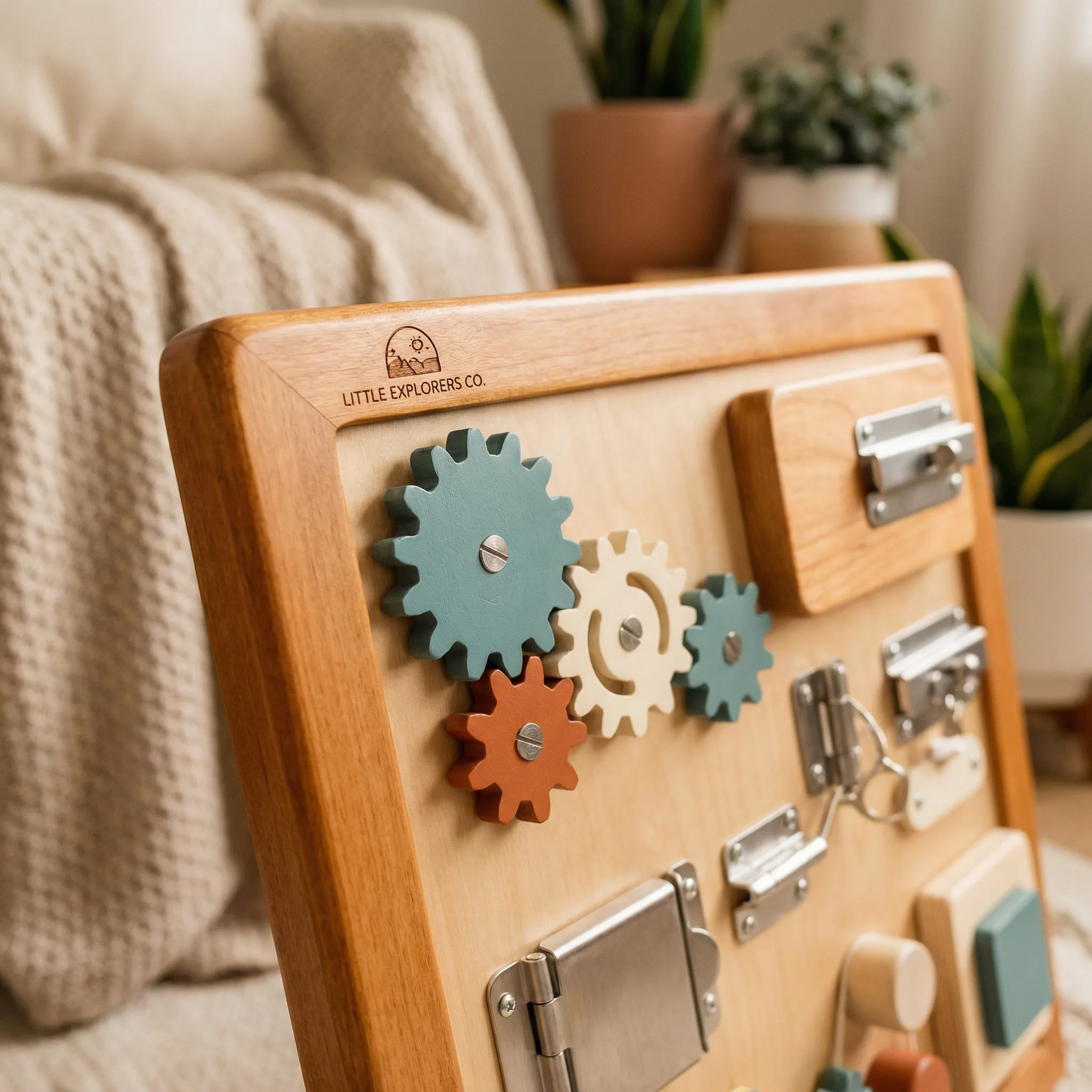 Painel sensorial personalizado com cores e logo da empresa no espaco kids