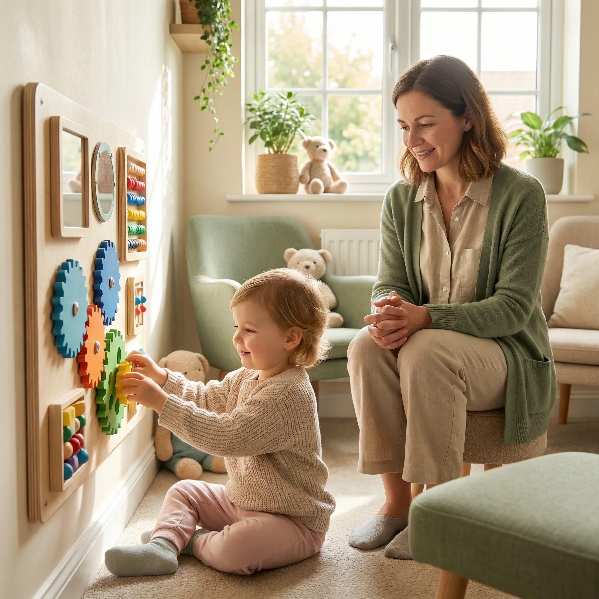 Crianca com TEA interagindo com painel sensorial adaptado para inclusao e desenvolvimento neurodivergente