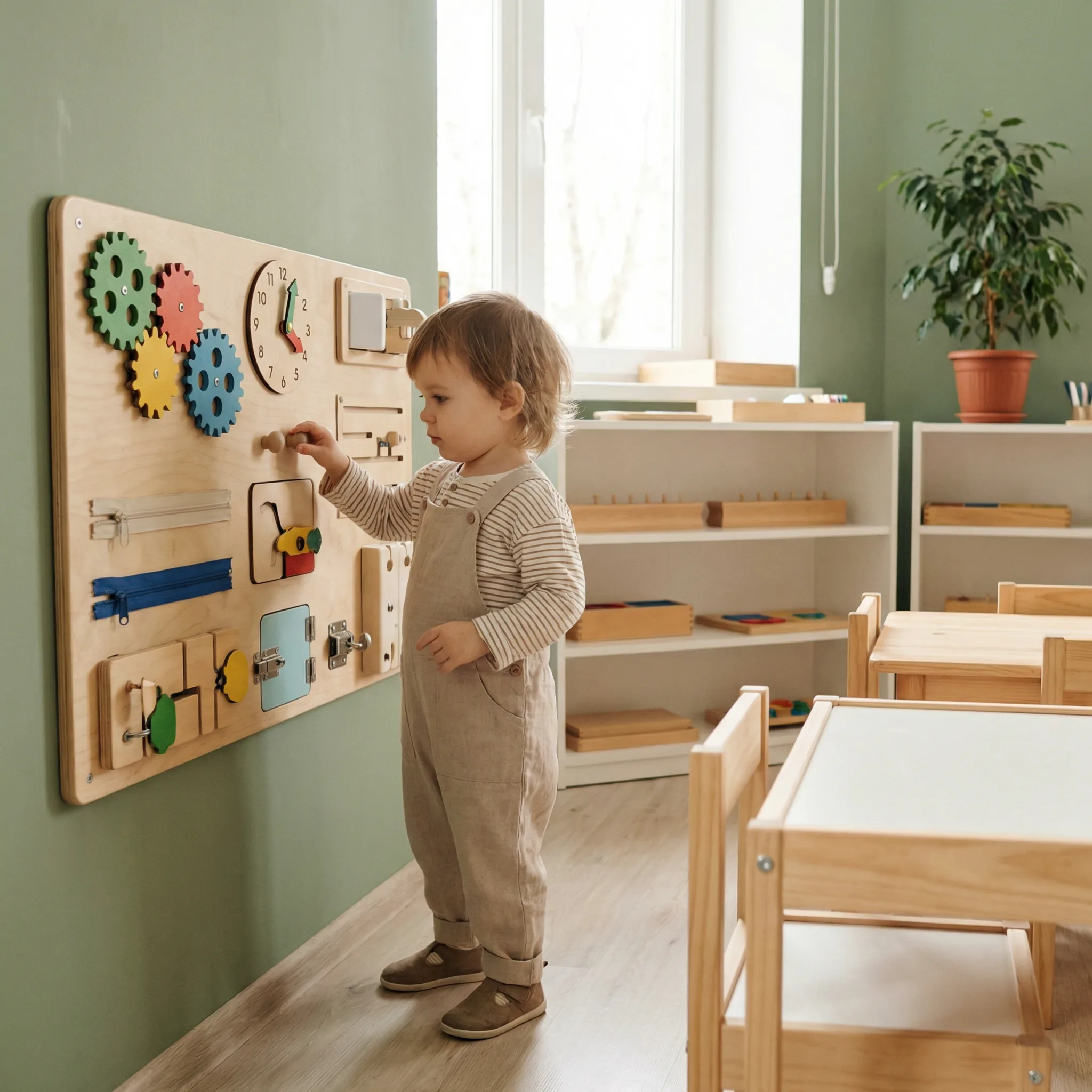 Criancas em sala de aula interagindo com painel sensorial Montessori na parede
