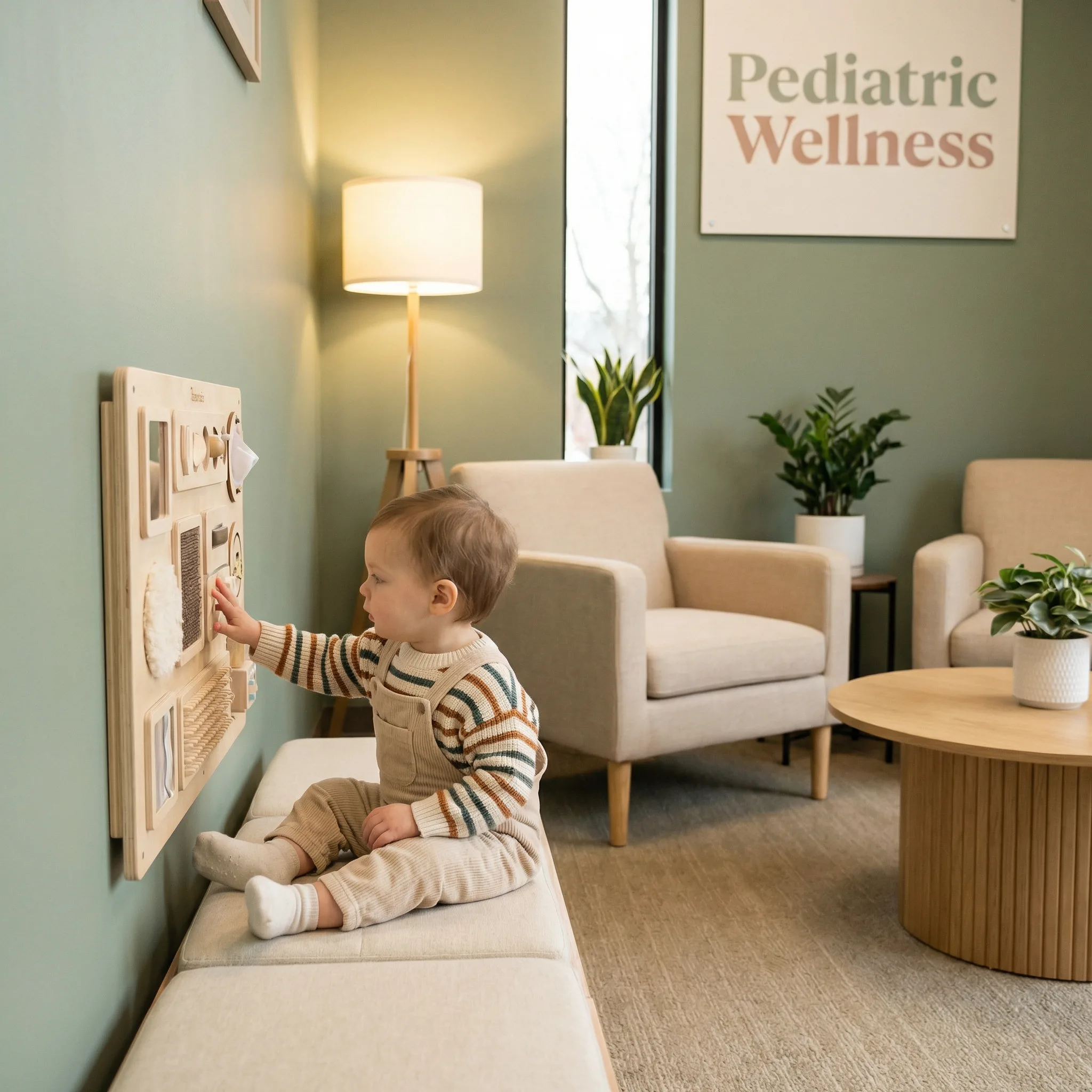 Crianca concentrada em painel sensorial na sala de espera de clinica pediatrica