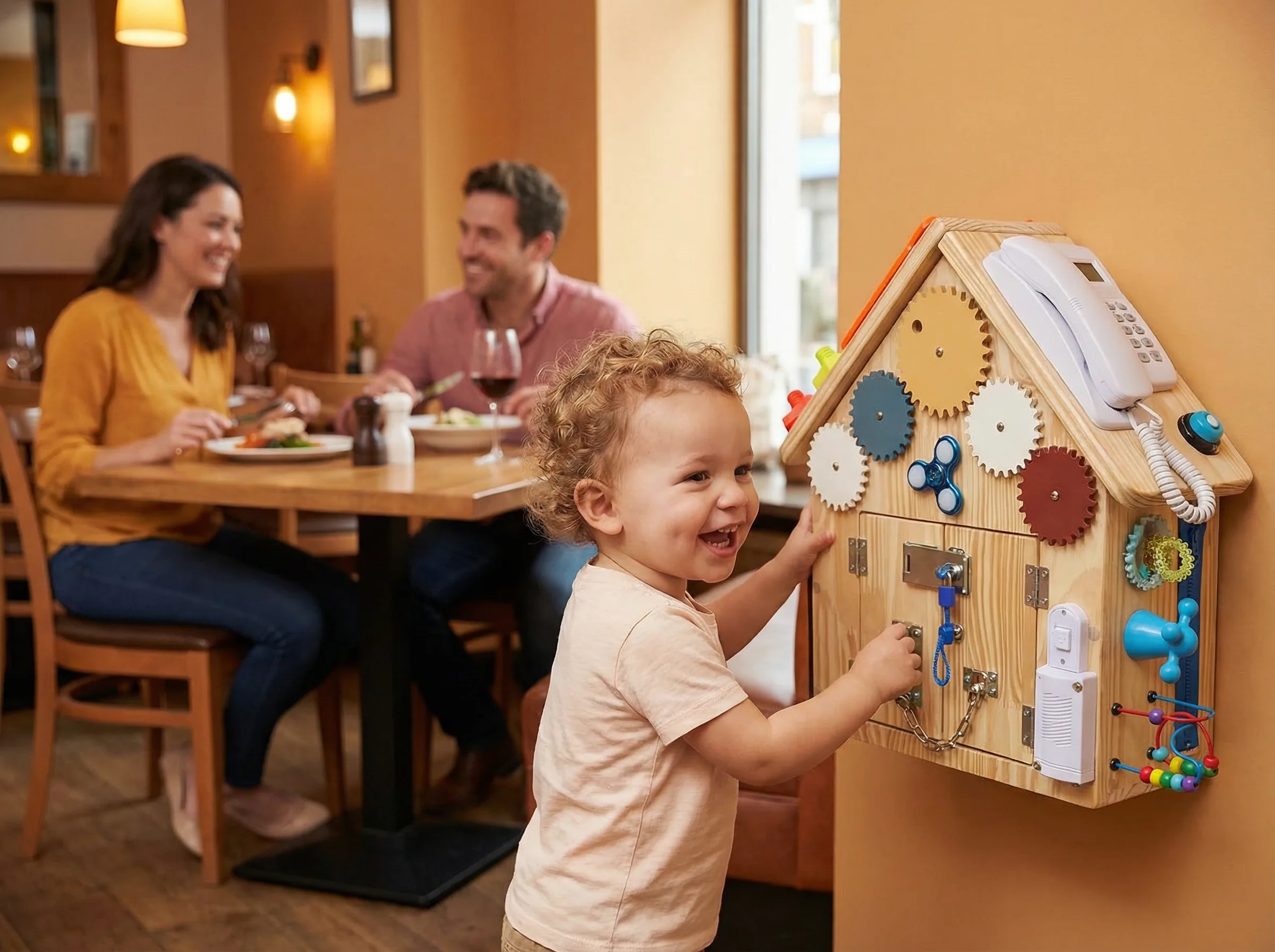 Criancas brincando com paineis sensoriais na parede de espaco kids de restaurante