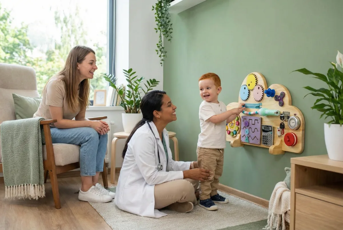 Painel sensorial instalado em consultorio pediatrico com crianca brincando